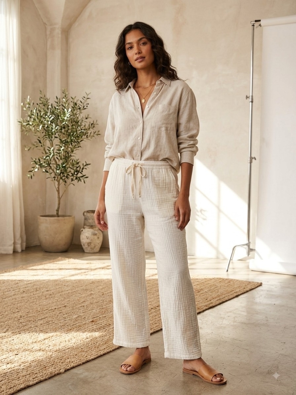 Women’s Cream Drawstring Wide-Leg Pants Waist 18,5"